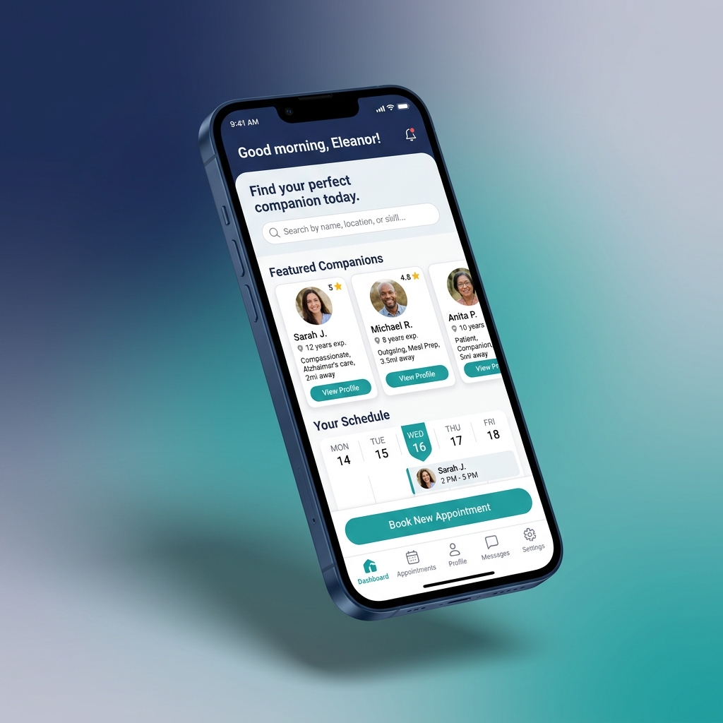 SeniorConnect mobile app showing companion booking dashboard