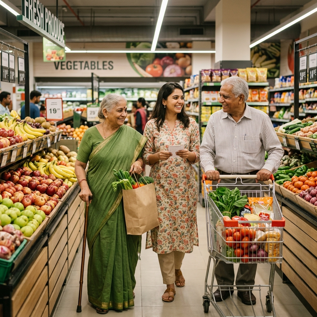 Companion helping elderly couple with grocery shopping
