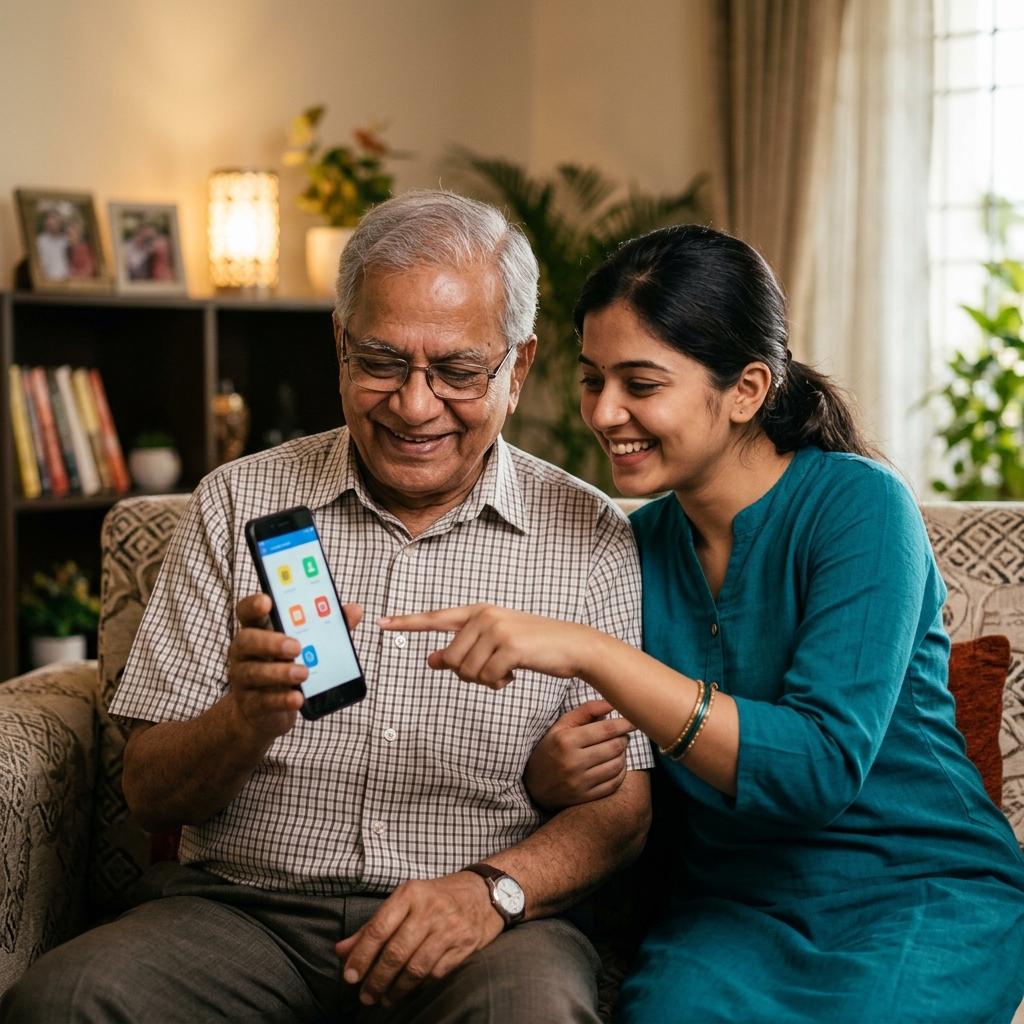 Young man helping elderly person with smartphone